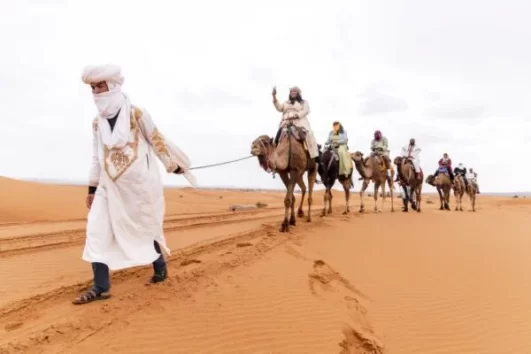 A Berber guide leading a camel caravan through the Sahara Desert during a 3 Days From Fes to Merzouga tour, offering an unforgettable desert adventure.